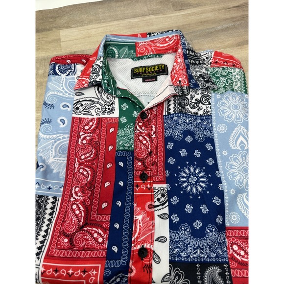 Surf Society Swimwear Bandana Button Down Short Sleeve Shirt‎ Men's Size Medium - Picture 6 of 9